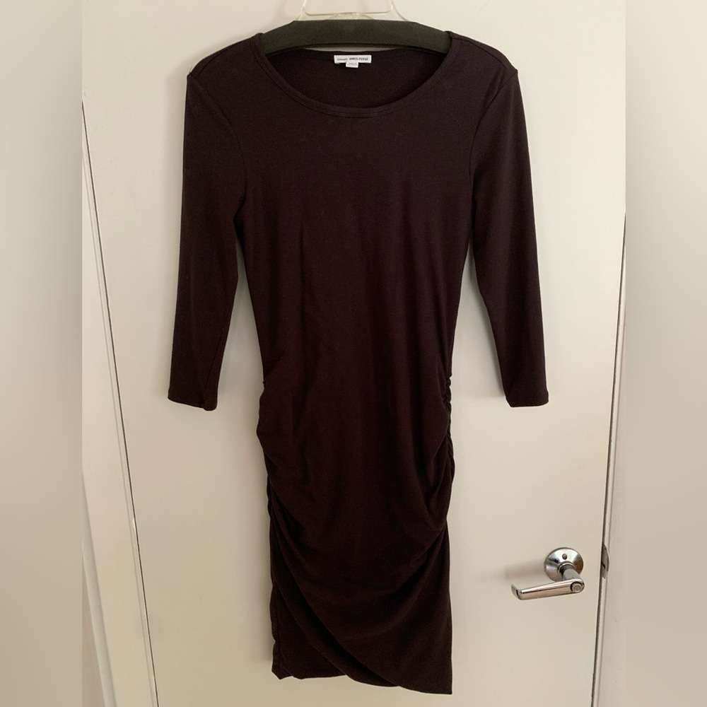 James Perse Dark Brown Long-Sleeve Ruched Sheath Dress